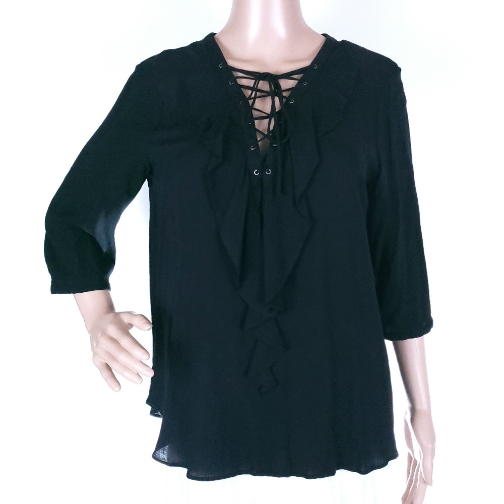 a.n.a Women Top Drawstring Cross Neck Color Black Size S - NWT